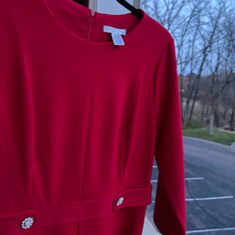 🆕 ✨London Times Red Midi Dress Petite 12P Rhinestone Elegant Office Silhouette - Picture 9 of 15